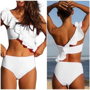 HILINKER White Ruffle One Shoulder High Waist Bikini Swimsuit Set | Medium